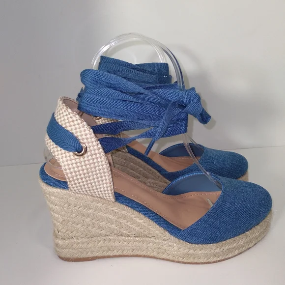 BAMBOO Denim Blue Ankle Tie Up Espadrille Wedges Host Pick - Picture 4 of 7